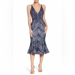 NWOT Dress the Population Blue Lace and beaded Dress